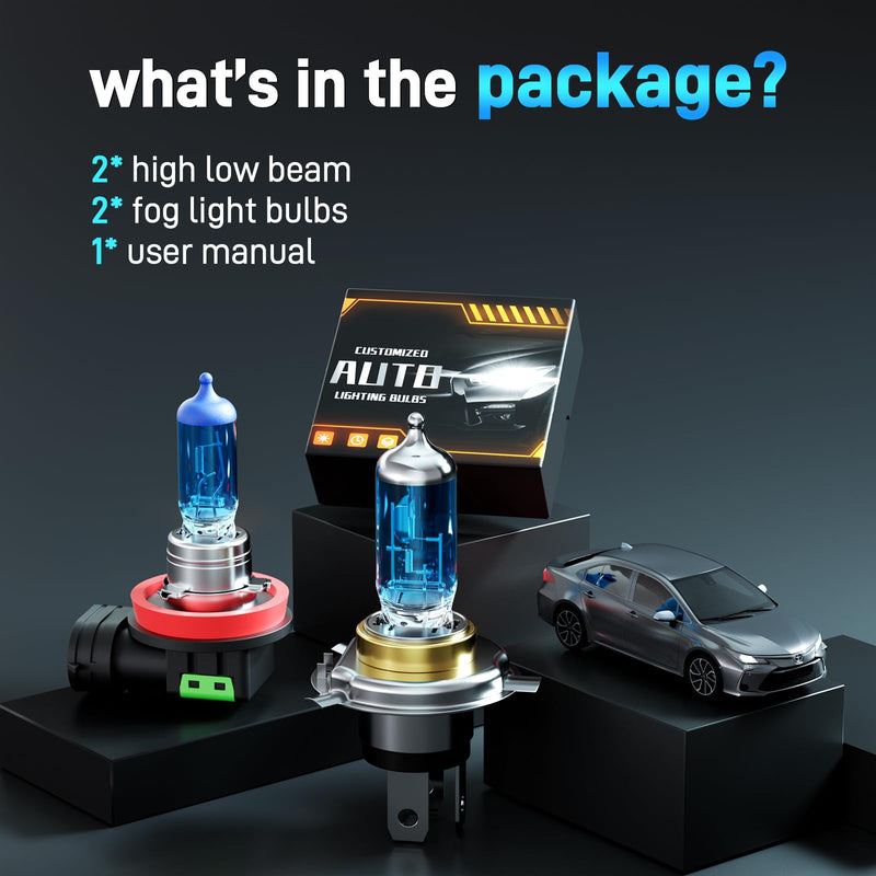 Fits for 2012 2013 2014 2015 Toyota Tacoma Halogen Headlight Bulbs Combo, Ultra Bright 5000K White High Low Beam Headlight Bulbs and Fog Light Bulbs, 4 Pack For 12-15 Tacoma (Hi/Lo Beam+ Fog Bulb)