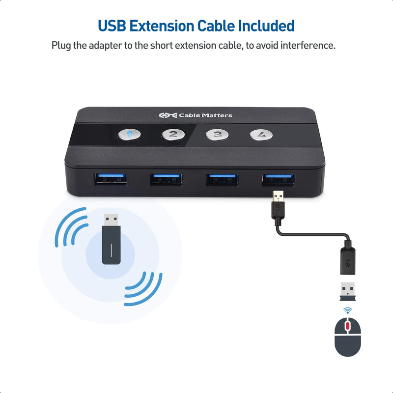 Cable Matters 4 Port USB 3.0 Switch USB Sharing Switch for 4 Computers and USBA Peripherals - Button or Wireless Remote Control Switching - Includes a USBC Adapter for USBC USB4 and Thunderbolt 4
