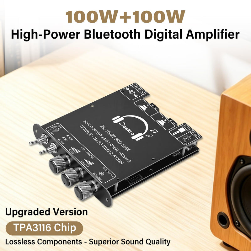 Daakro ZK-1002T Pro Max 2.0 Channel Bluetooth 5.3 Amplifier Board 100W+100W HiFi Audio AMP with Treble and Bass, TWS,BT USB and AUX Inputs, DC 12-24V 2.0 Channel Stereo AMP Module for DIY Speakers
