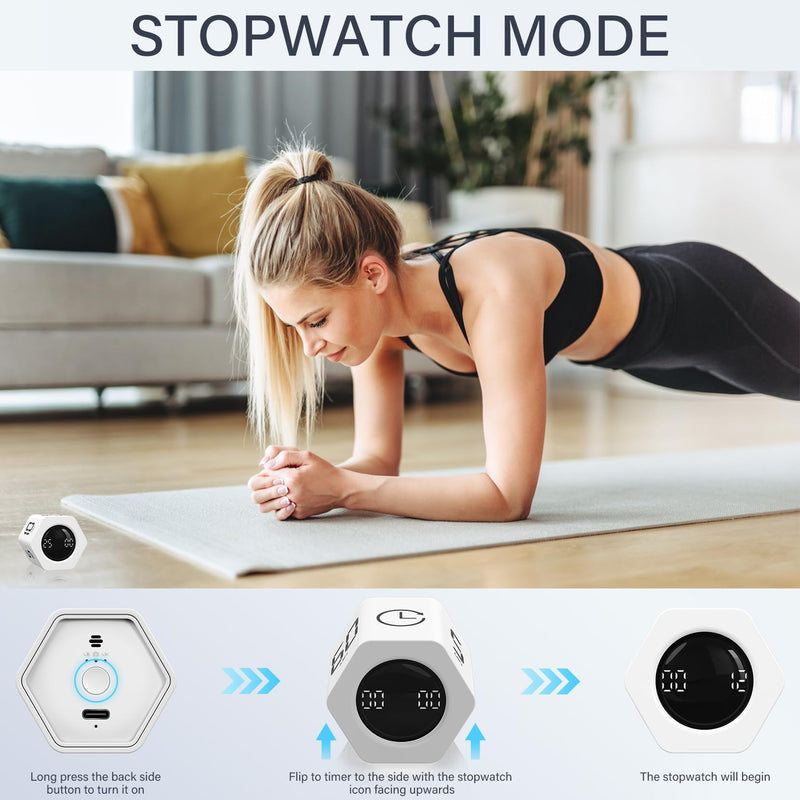 Rotating Pomodoro Timer 5, 25, 10 30,60 Mins Preset Stopwatch, Desk Flip ProductivityTimer, ADHD Tool Hexagon, Vibration/Mute/Alarm, for Work, Study, Back to School, Kitchen, White 1