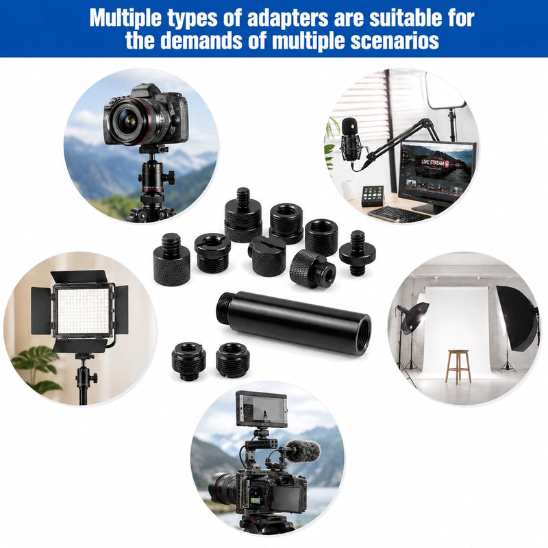 13 PCS 3/8 to 5/8 and 1/4 Mic Stand Adapter Set, Black | Microphone Stand Screws with Extension Tube Aluminum Alloy Mic Thread Mount for Boom Arm Camera Tripod Projector Fill Light