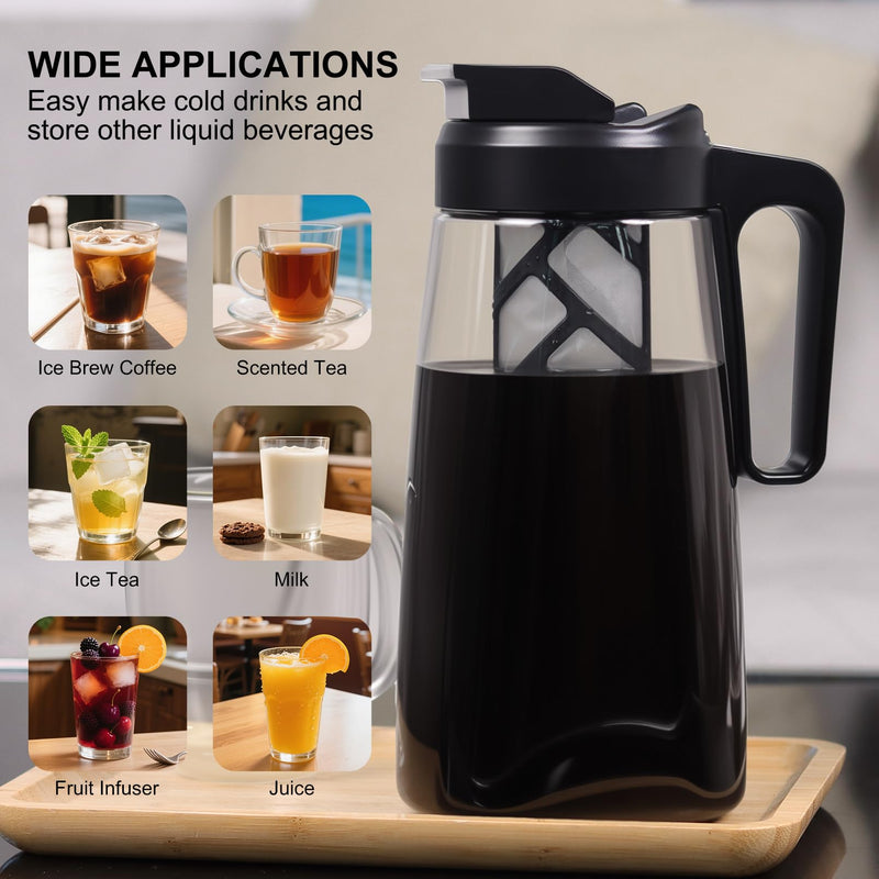 Sivaphe Large Ice Cold Coffee Maker 2 Quart, Dishwasher Safty Traitan Carafe Pitcher Leak Proof, Reusable Filter 64 oz Iced Hot Coffee Tea Method Brewer Black+clear
