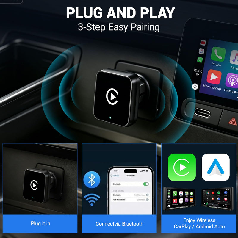 2-in-1 Wireless CarPlay Android Auto Adapter, Plug & Play CarPlay Adapter,Fast Auto Reconnect,Convert Wired to Wireless for Factory Cars,Wide Compatibility for Most Cars Black