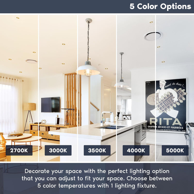 LUXRITE 3 Inch Ultra Thin LED Recessed Light with Junction Box, 8W, 5 Color Options 2700K | 3000K | 3500K | 4000K | 5000K, Dimmable Wafer Lights, 540 Lumens, Brass Trim, Energy Star, IC Rated 1 Count (Pack of 1)