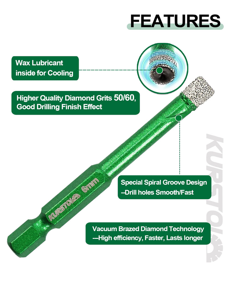 Diamond Drill Bits Set 12pcs, 3/16" - 3/8" Tile Drill Bit with PH2 Screwdriver Bit for Porcelain Tile Ceramic Stone Granite Marble, Quick-fit Hex Shank 5/6/6/8/10mm+5/6/6/8/10mm+Screwdriver 12