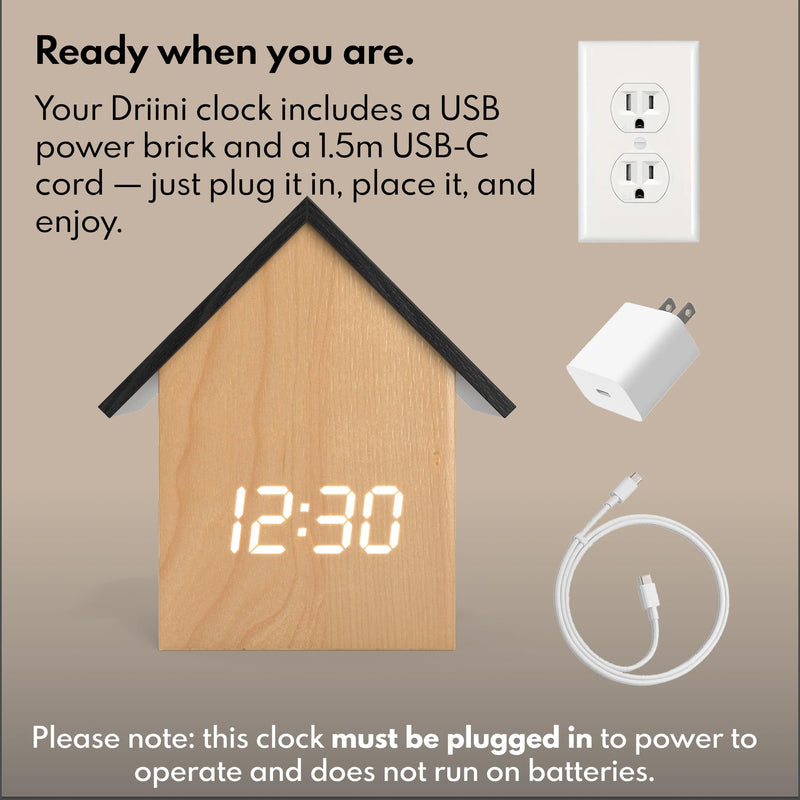 Driini Digital House-Shaped Alarm Clock with Temperature Display (Light Wood) – Modern Aesthetic - Cute Cube Frame and White LED Dimmer - Perfect Small Desk Clock for Bedside Table or Bedroom Mantle Light Wood; Black Roof