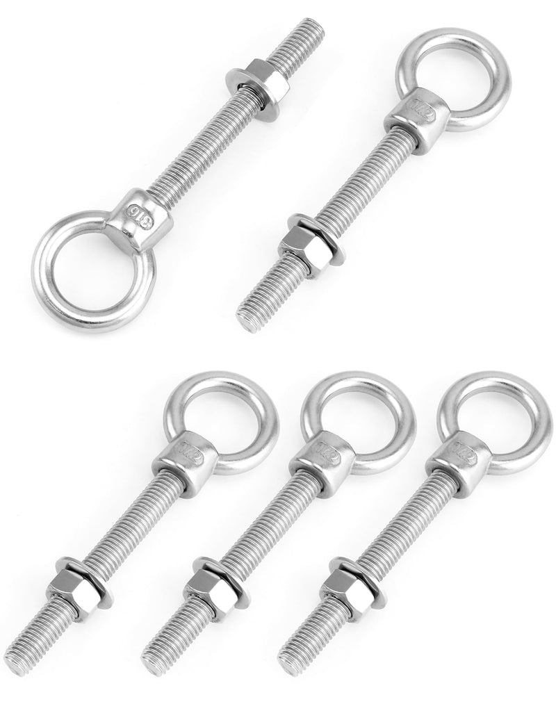 QWORK 316 Stainless Steel Machinery Eye Bolt with Shoulder, 5 Pack 1/2"x4" Long Stainless Steel Marine Grade Shoulder Eye Bolt, Threaded Eyebolts