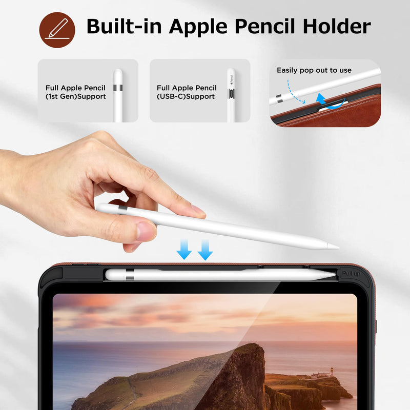 CACOE 360 Rotating Case for iPad 11th/10th Gen(2025/2022, 10.9") | Protective Cover with Pencil Holder, Auto Sleep Wake, PU Leather Folio Stand Protective Cover for iPad A16 Case, Brown