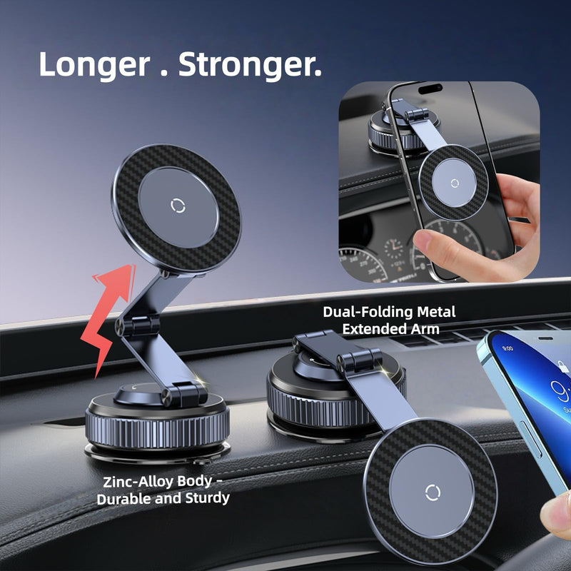 Magnetic Car Phone Holder Suction Cup Mount Dual-Foldable for Tesla | 360° Adjustable Dual-Foldable. Zinc-Alloy Build. Strong Magnetic. for iPhone 17 Pro Max, 16, 15, 14, Plus & All MagSafe Gray