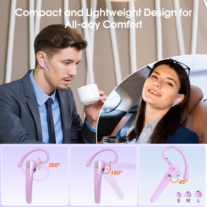 Bluetooth Headset V5.3, Wireless Headset with ENC Noise Canceling Mic | 120Hrs Talk Single-Ear Bluetooth Earpiece, LED Display, IP7 Waterproof Hand-Free Earphone for Business/Trucker, Purple