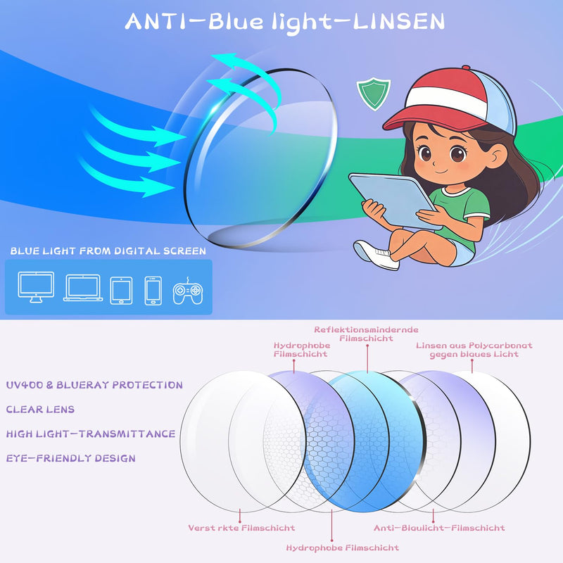 Kids Blue Light Blocking Glasses Age 2-5, Toddler Gaming Computer Eyewear | Features Anti Reflective Clear Lenses To Minimize Screen Glare And Support Comfort During Computer And Tablet Play. A1 Purple + Pink + Transparent Blue Age 2-5 Yrs