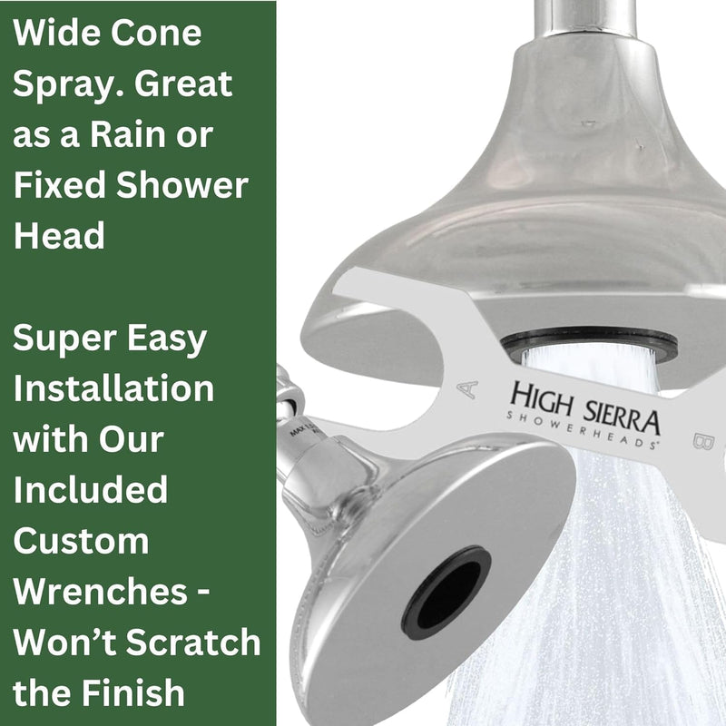 High Sierra® HALF DOME® Solid Metal 1.8 GPM Award Winning. Low Flow Shower Head. Lead-Free. Patented Nozzle Never Clogs - Polished Chrome Finish