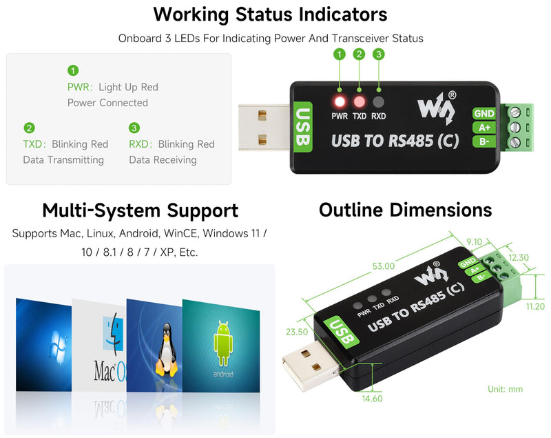 USB to RS485 Bidirectional Converter, with FT232RNL Stable Chip, Industrial Grade Isolated Adapter, with Isolated Transceiver and TVS Protection Circuits, etc. Up to 1.2km RS485 Transmission Distance