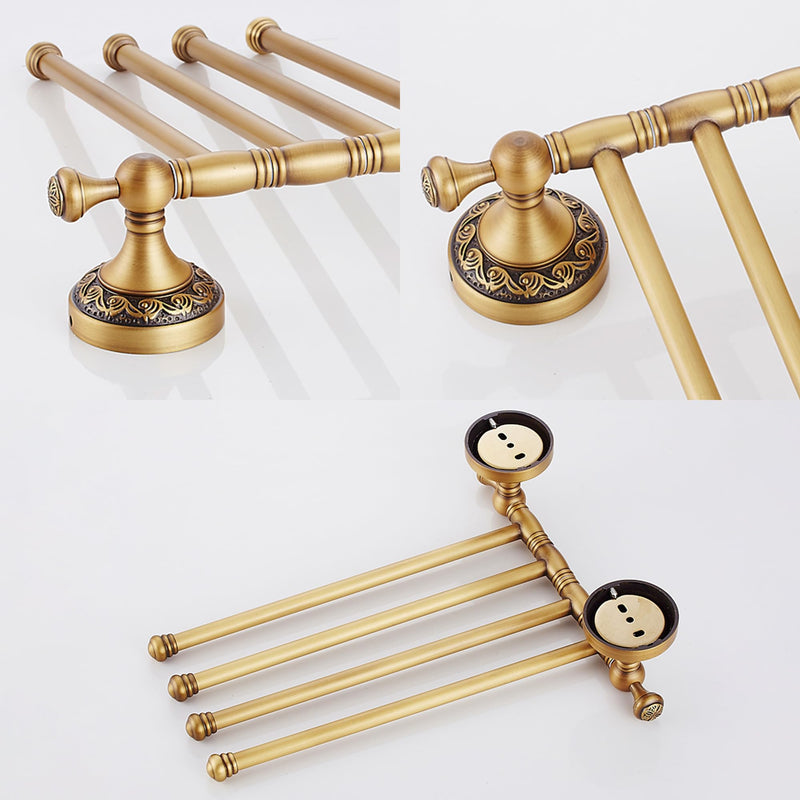 Wall Mounted Bathroom Folding Towel Rack, 4 Towel Bars Antique Brass Pattern Carving,Brushed Bronze Folding 4 Towel Rack