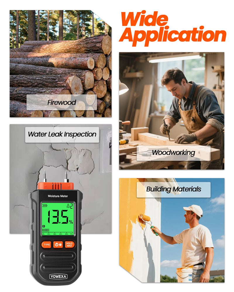 Pin-Type Wood Moisture Meter for Hardwood & Softwood | 7 Material Modes, Backlit LCD, Max/Min/Avg & Data Hold for Firewood, Lumber, Drywall & Selected Wall Materials