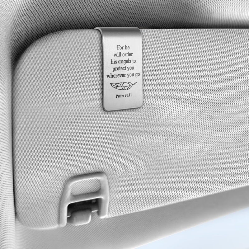 For He Will Order His Angels to Protect You Wherever You Go Engraved Stainless Steel Car Visor Clip, Psalm 91:1 Sign, Funny Religious Gifts for Women Men Family Friend Driver, New Driver Gifts Silver14