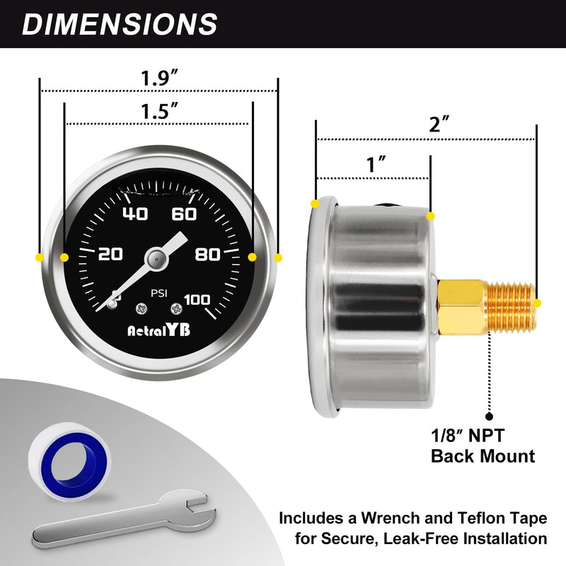 0-100 Psi Fuel Pressure Gauge, 1-1/2" Dial Size, 1/8" NPT Back Mount, Glycerin Liquid Filled, Stainless Steel Case, Inline Low Pressure Gauge, for Water Oil Air Pressure Test 0-100PSI