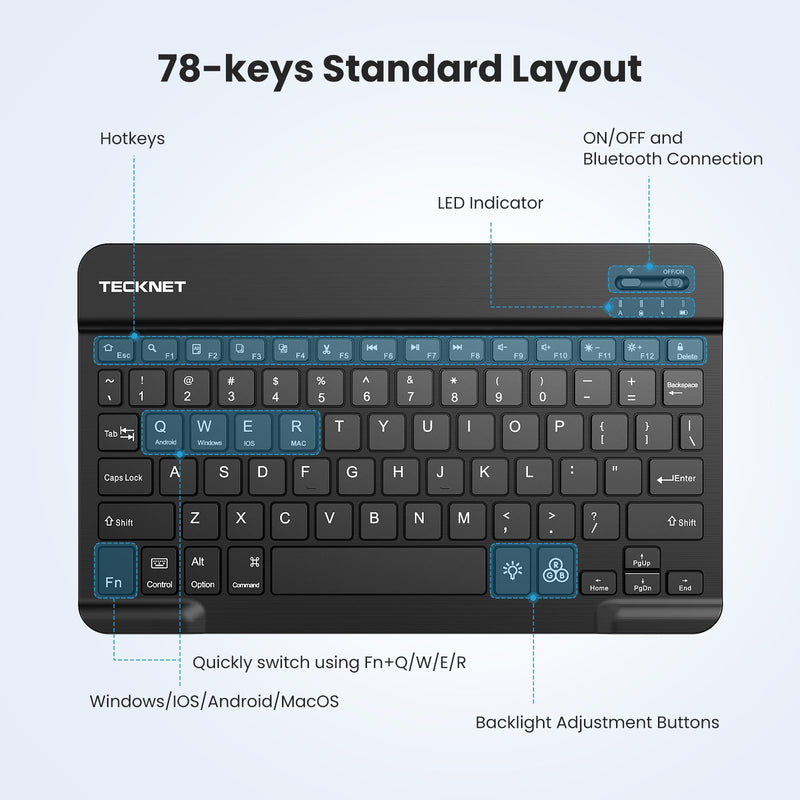TECKNET Bluetooth Keyboard for iPad, Rechargeable Small Portable Keyboard | Wireless Keyboard with Backlit, Slim Quiet Keyboard for iPad A16 11th 10th Generation iPad Pro Air, Computer for iOS/Android Black