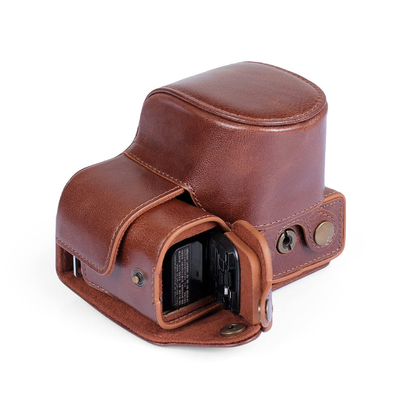 MegaGear MG2006 Ever Ready Genuine Leather Camera Case Compatible with Sony ZV-E10, Full Body Protection Lens Cover Bag with Shoulder Strap, Brown