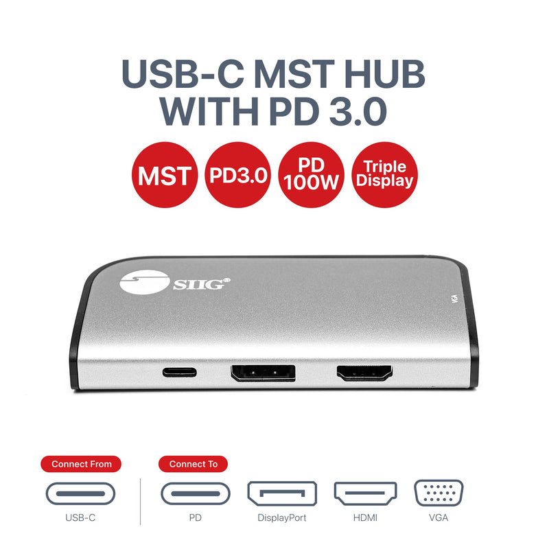 SIIG USB-C MST Hub with PD 3.0, USB-C to DP/HDMI/VGA, Single 4K30+Dual 1080p or Triple 1080p Video outputs, PD 100W, for Windows and Chromebook laptops (DP Alt Mode) NOT for Mac OS (CB-TC0G11-S1)