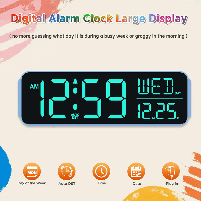  [AUSTRALIA] - Peakeep Loud Digital Alarm Clock Large Display for Bedrooms with Date, Day of Week, Auto DST, Desk Clock Electric Plug in for Living Room, Battery Backup, USB Port, 5 Dimmers Blue Rgb