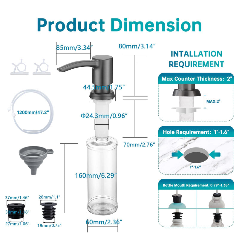 Kitchen Sink Soap Dispenser, Built in Countertop ABS Pump Under Counter Dish Soap Hand Lotion Dispenser (Gray)