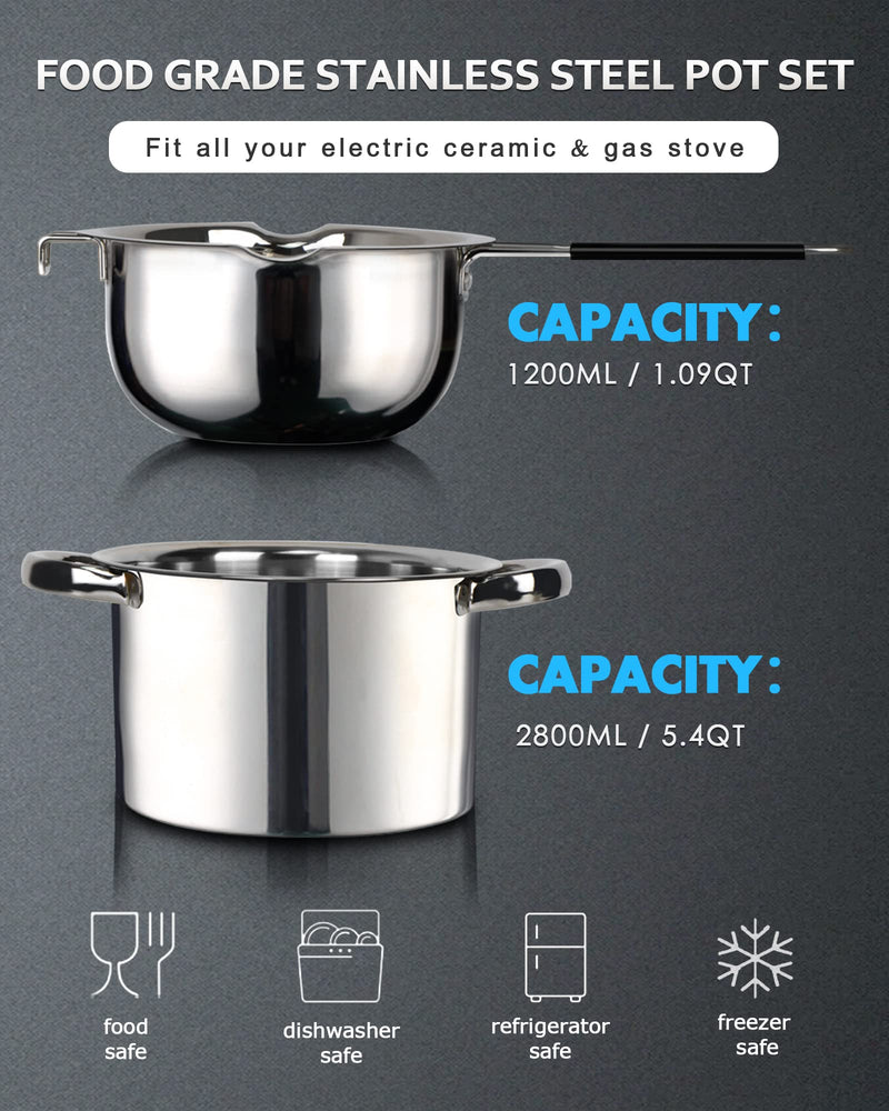 Double Boiler Pot Set,1200ML Double Boiler for Chocolate Melting, 2800ML 304 Stainless Steel Pot With Silicone Spatula for Melting Chocolate, Candy, Candle, Soap, Wax 1200ml+2800ml