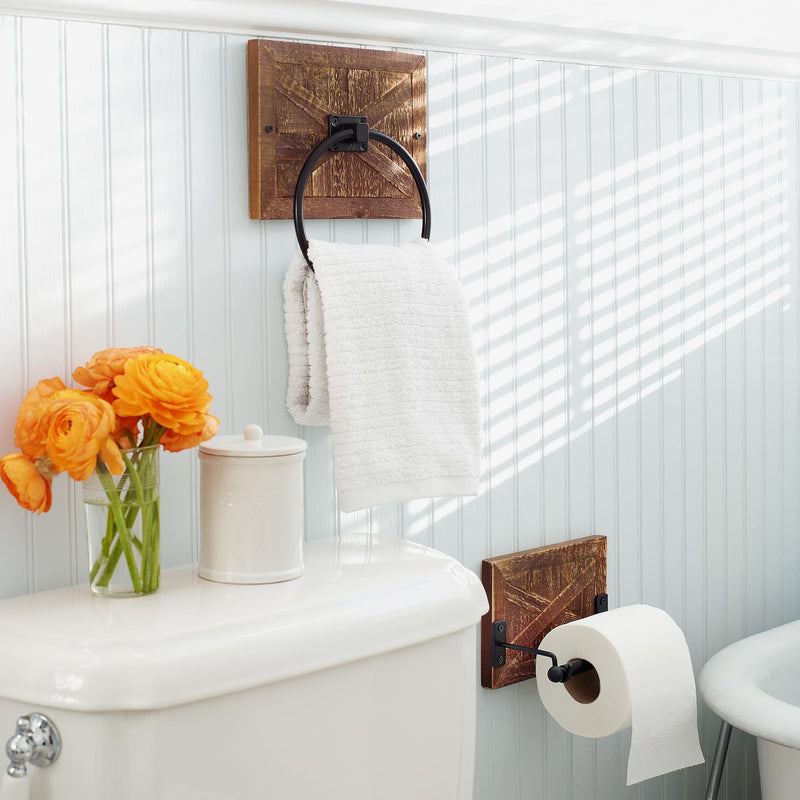 Autumn Alley Rustic Farmhouse Toilet Paper Holder and Towel Ring, Wall Mount, 2 Set - Country Western Decor Wall Toilet Paper Holder and Bathroom Hand Towel Holder Decor, Wooden
