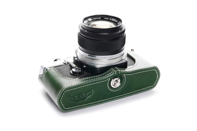 OM-4 Case, BolinUS Handmade Genuine Real Leather Half Camera Case Bag Cover for Olympus OM-1 /1N OM-2/2N OM-3/3Ti OM-4/4Ti (No Handle) Camera with Hand Strap (Green) Green
