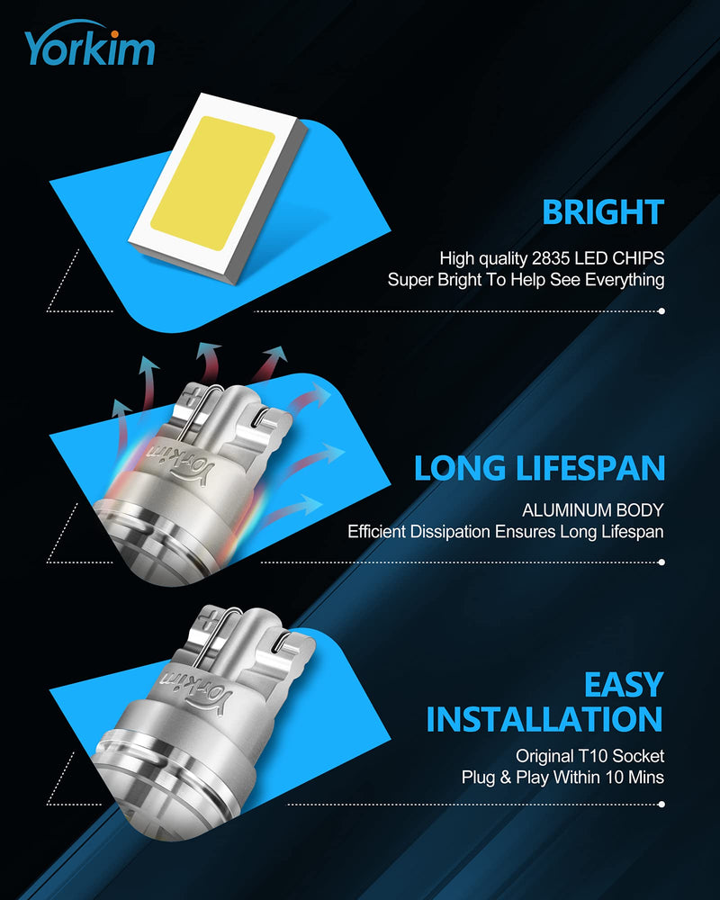 Yorkim 10psc 194 LED Bulbs 6500K White with special diamond cover 168 Led Bulb 2825 W5W T10 Led Bulb for Car Interior Lights Courtesy Map Dome Trunk License Plate Lights Side Marker Lights, Pack of 10 White-10Pack