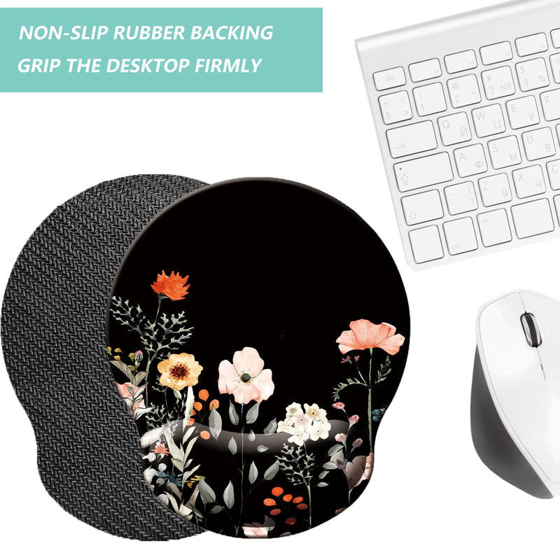 Mouse Pad with Wrist Support, Ergonomic Mouse Pad with Memory Foam Wrist Rest Cushion, Non-slip Rubber Base Gaming Mice Pad for Home Office Computer Laptop, Flower Black U-flower black