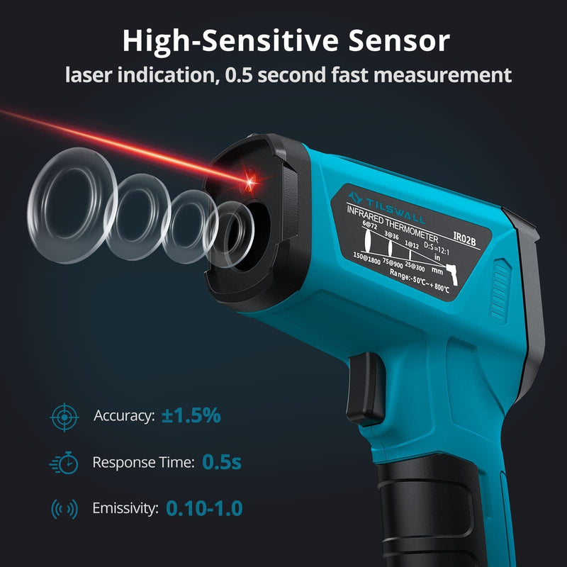 Tilswall Infrared Thermometer, -58°F to 1472°F(-50~800°C), Non-Contact Digital Laser Thermometer with Probe, Adjustable Emissivity, High/Low Temp Alarm, for Cooking/BBQ/Freezer(NOT for Human)-W300 -50°C~800°C(with K-type probe)
