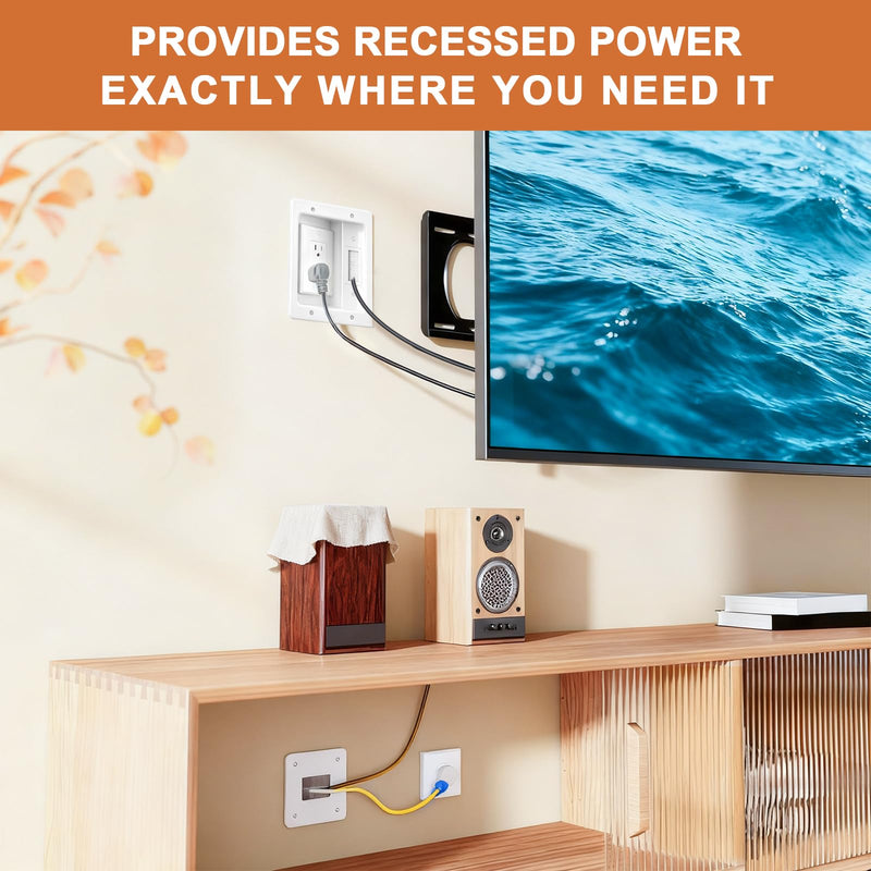 in Wall Cable Management Kit with Recessed Tv Outlet Box-Two-Hole Socket, 9ft Cord,Tv Cable Hider Wall Kit Hider Box Fits All Plugs, Easy, Safe Cable Management Full Management Kit