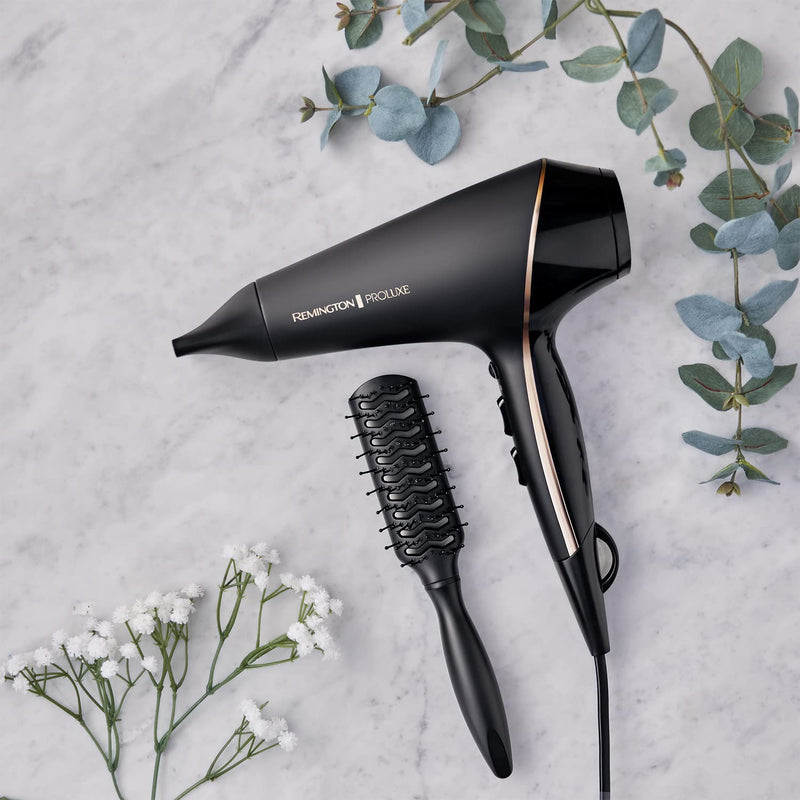 Remington PROluxe Midnight Hair Dryer (OPTIheat Technology for Long-Lasting Results, Ionic Conditioning for Frizz Free Hair, Diffuser, 2 Concentrators, Powerful, Professional, 2400W, Black) AC9140B