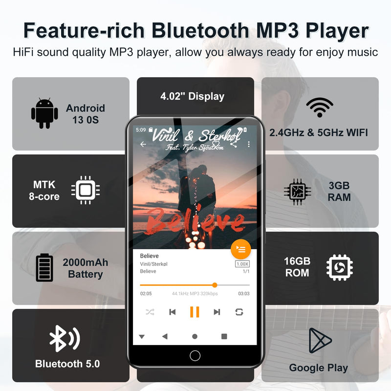 Android 13 MP3 Player with Bluetooth and WiFi, MP3 MP4 Players with 4" Touchscreen and Speaker, Spotify Music Players with Audible, Parental Controls, Amazon Music, Play Store (16GB, Black)
