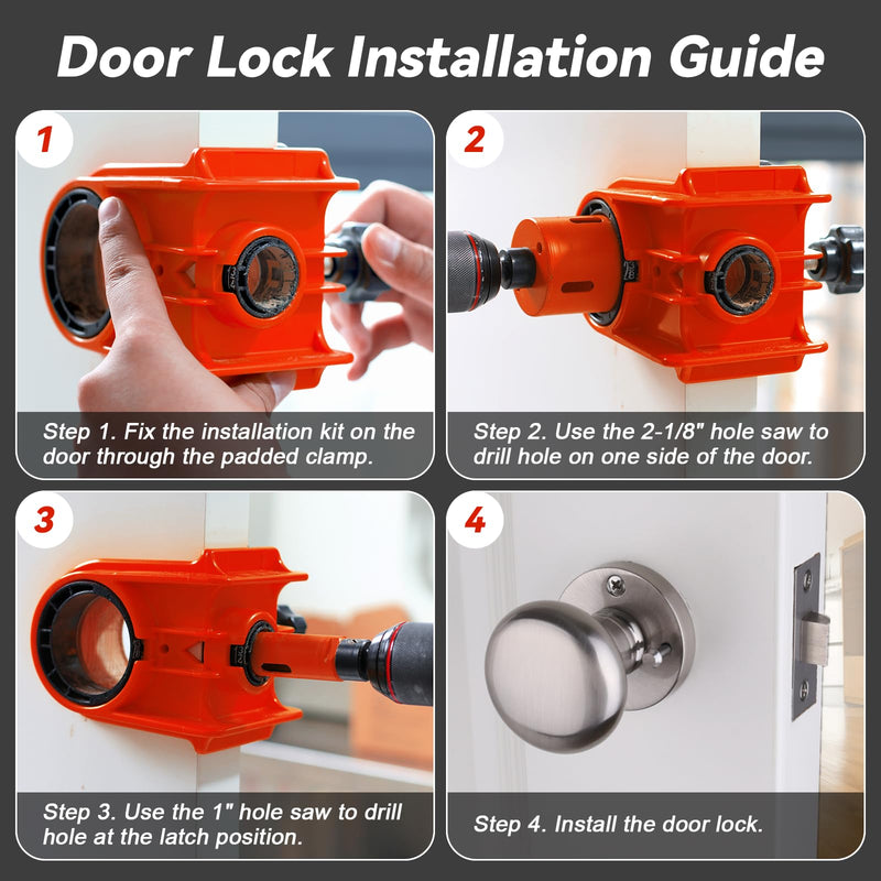 Door Lock Installation Kit - C-Clamp Design Tool-Free Clamping for Metal & Wood Doors, 2 Adjustable Bushings, with Bi-Metal Hole Saw & Anti-Warp Backing Plates (Red) Red