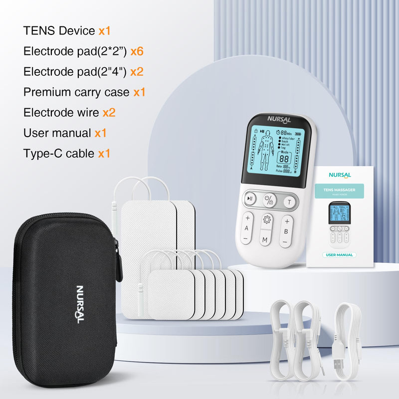 NURSAL TENS Unit Muscle Stimulator for Pain Relief Therapy, 3-in-1 Dual Channel TENS Machine with EVA Travel Case, 24 Modes EMS Muscle Stimulator for Back, Shoulder, Neck, Sciatica