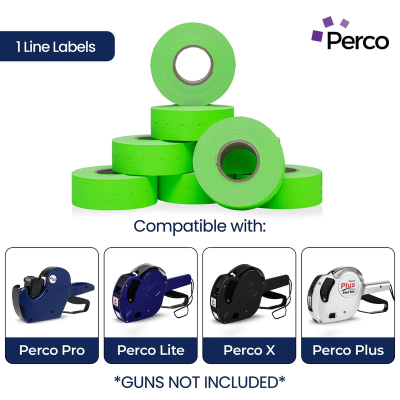 Perco 1 Line Fluorescent Green Labels - 8 Rolls, 1 Sleeve, 8,000 Blank Price and Date Gun Labels for Perco Lite, X, Plus and Pro 1 Line Price and Date Guns - Made in USA