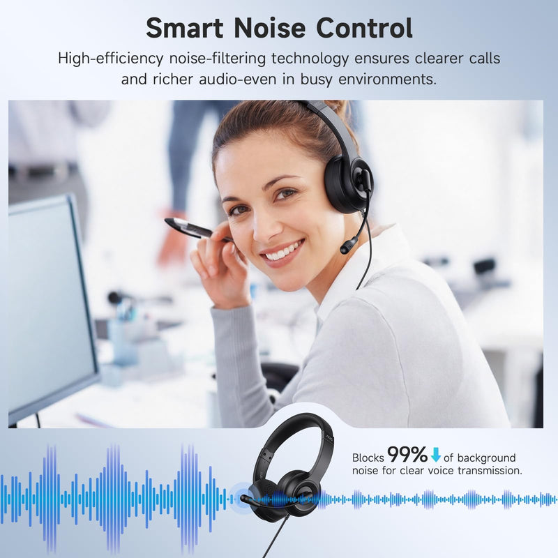 AOC USB Headset with Microphone for PC, On-Ear Wired Headphones with Mic | with Noise-Cancelling, 40mm Audio Drivers, USB-A Computer Headset for Office, Teams, Call Centers & Online Meetings (Black) Black