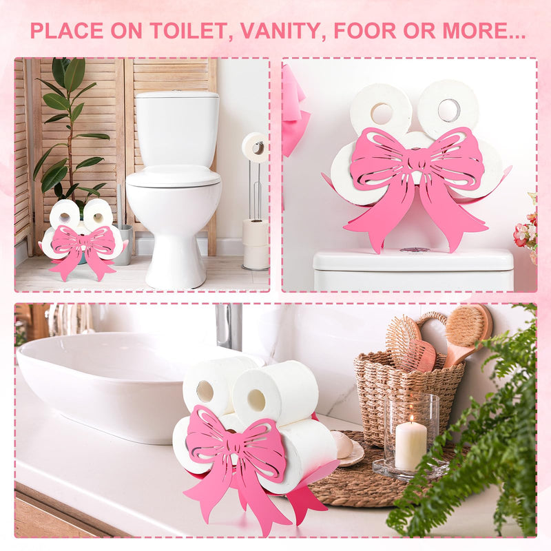 Geelin Pink Bow Bathroom Decor Pink Toilet Paper Holder Metal Paper Storage Wedding Bow Bathroom Decor 8 Rolls Toilet Tissue Holder Wall Mounted for Restroom Bedroom Coquette Home Decoration