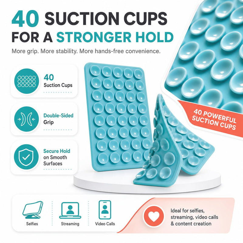 30 Pack Silicone Suction Phone Grip, Double-Sided Suction Cup Phone Holder | 40 Suction Cups for Strong Grip, Washable and Reusable Grips in 15 Colors for Mirrors, Gyms, Cars and Bathrooms