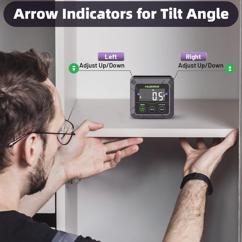 Huepar Professional Digital Angle Finder Magnetic for Table Saw Blade, Woodworking, Bend Pipes Etc., Fathers Day Dad Gifts, ±0.1° Accuracy Inclinometer, 0-90 or 0-180 Angle Gauge, VA LCD Display