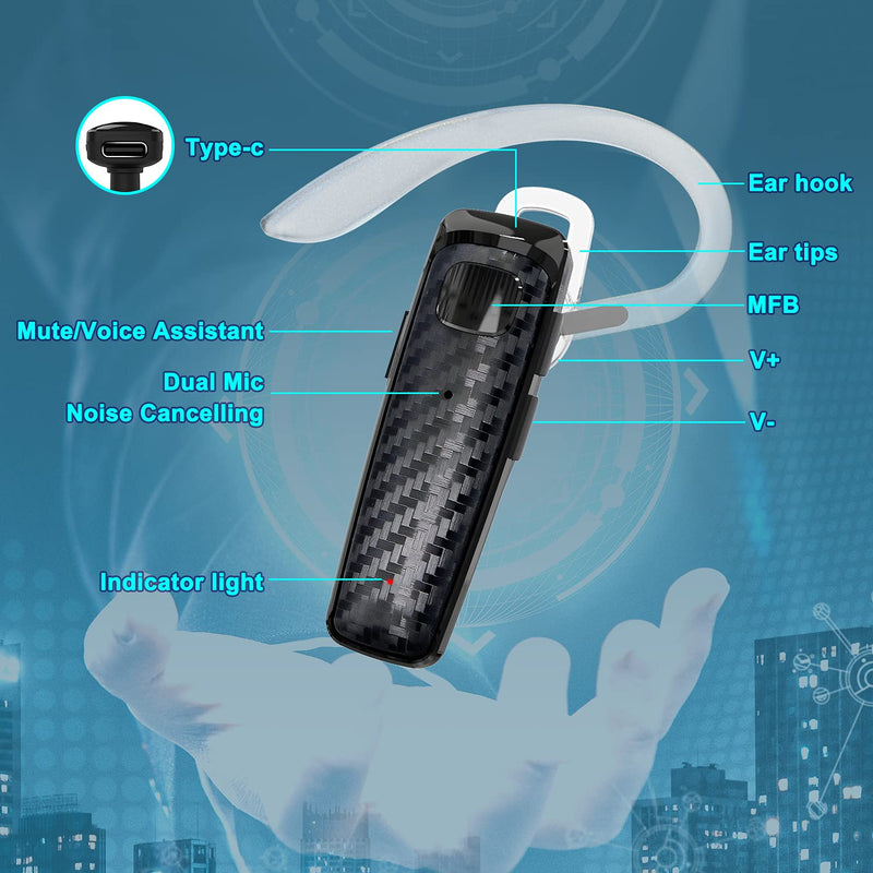 Bluetooth Headset, CVC8.0 Handsfree Bluetooth Earpiece, 16 Hrs Talk Time Noise Cancelling Single Ear Wireless Headset for Office Driving, Compatible with iPhone ＆ Android Samsung Cellphone Black
