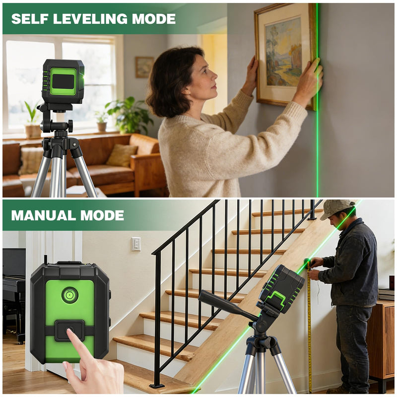Laser Level 360 Self Leveling, Cross Line Laser with Self-Leveling, Vertical and Horizontal Line,for Construction and Picture Hanging, Horizontal Line leveler Tool (2 line green) 2 Line Green