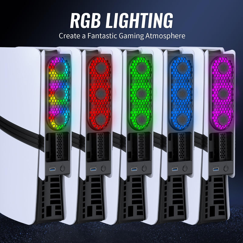 RGB Cooling Fan for PS5 Pro/PS5 Slim – Auto Temperature Control, 5 Lighting Modes, USB 3.0 Port,Compatible with Disc & Digital Edition (Black&White) Black