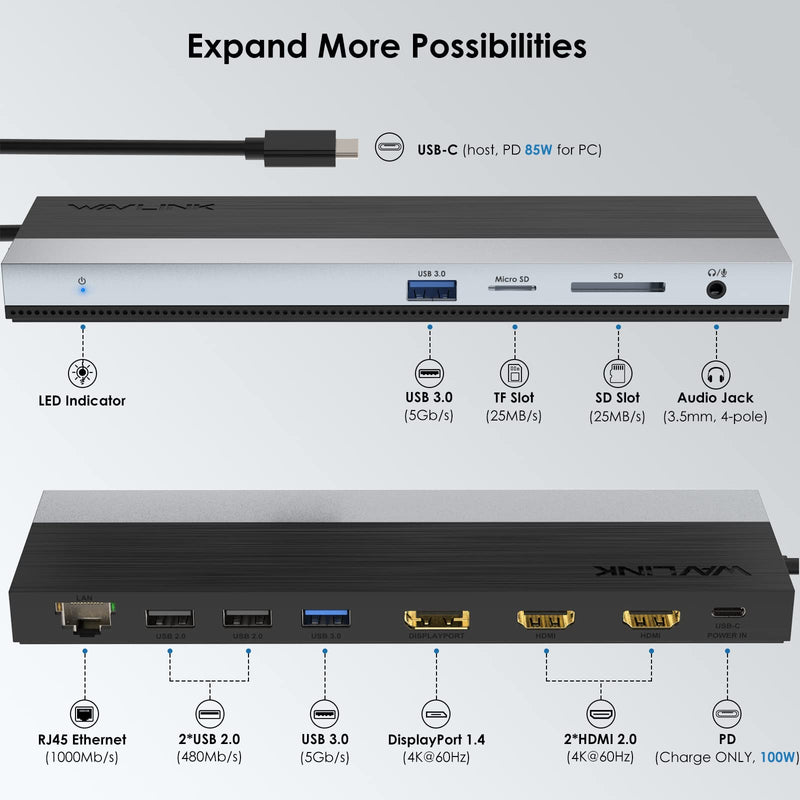 WAVLINK USB C Docking Station 3 Monitors for Windows with DP + 2X HDMI | USB-C Triple Display Laptop Dock with Dual 4K +1080P, PD 85W Charging, Gigabit Ethernet for Windows Laptop UMD03