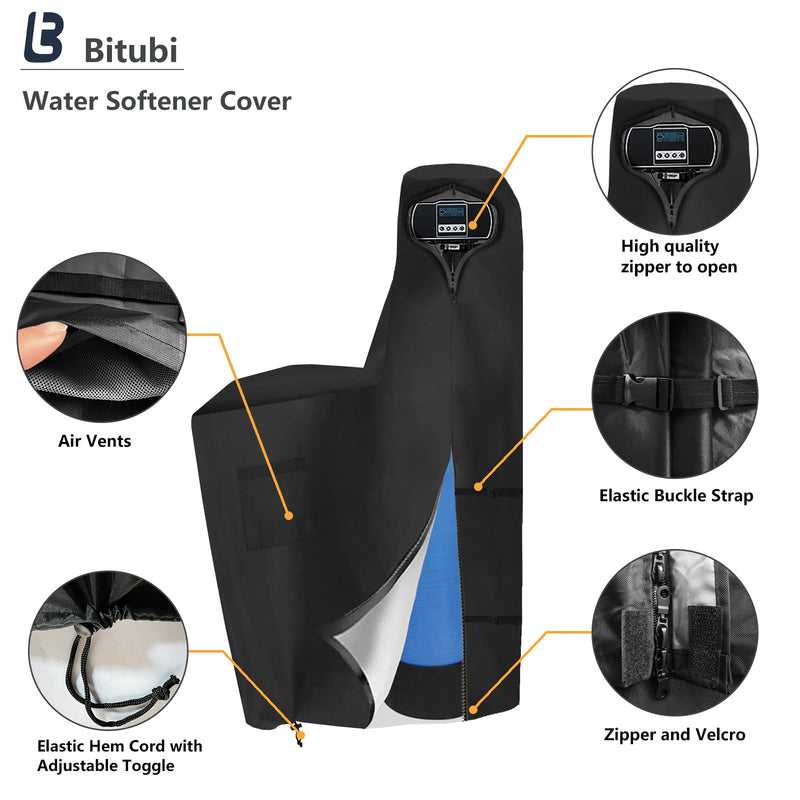 Bitubi Water Softener Cover with Split Zipper,Outdoor Water Softener Brine Tank Cover,Waterproof Anti-UV(64" H x 40" W x 16" D, Black) All Weather Protection 64" H x 40" W x 16" D(Black) Water Softener Cover (One-piece)
