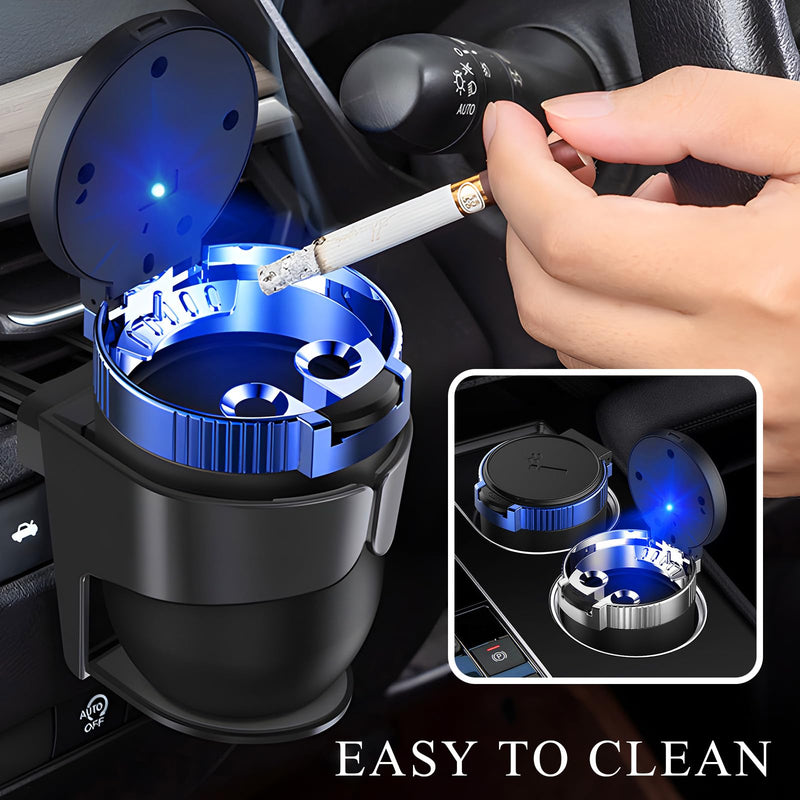 Car Ashtray with Lid, Detachable Stainless Steel Ash Tray with LED Blue Light, Portable Mini Vehicle Cup Holder Trash Can Smell Proof Ashtray Cup, Universal Car Accessories (Blue)