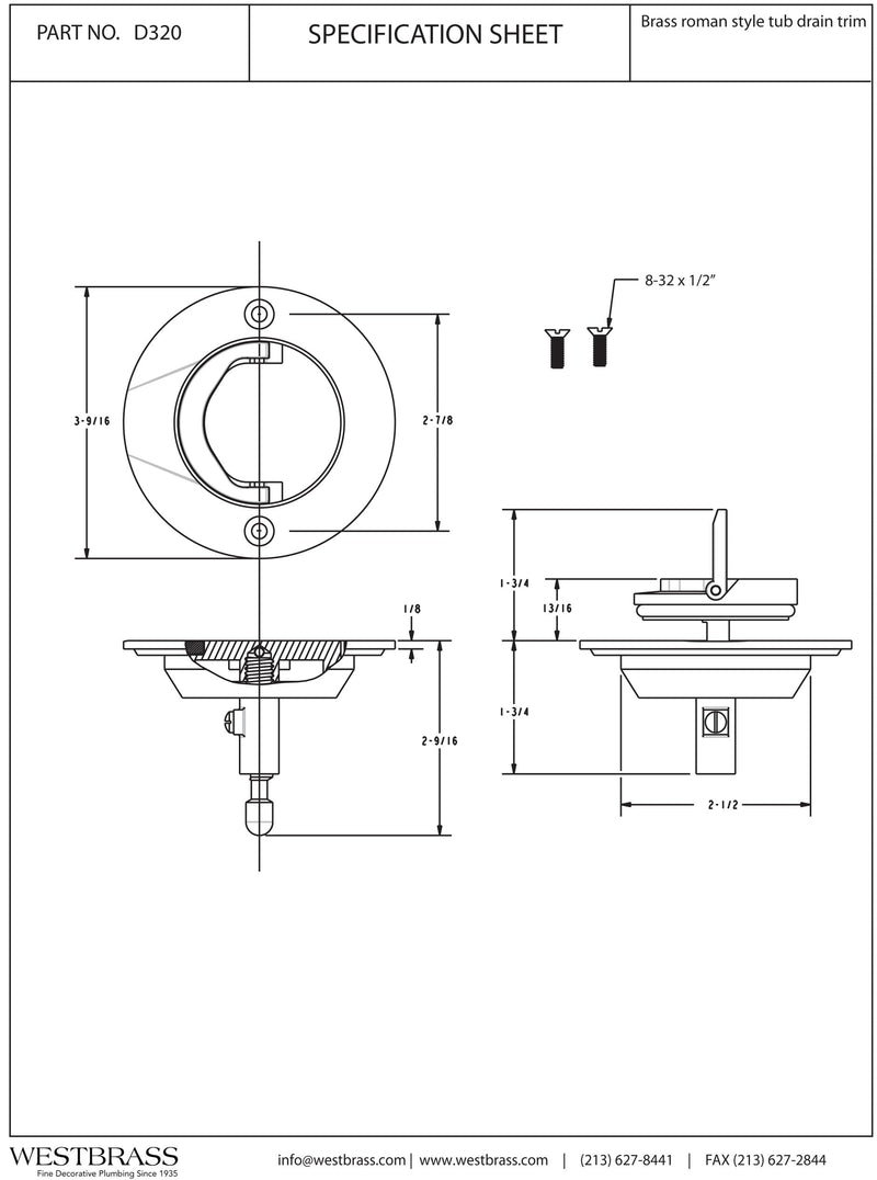 Westbrass D320-07 Roman Tub Drain Trim, 3-9/16" OD, Satin Nickel