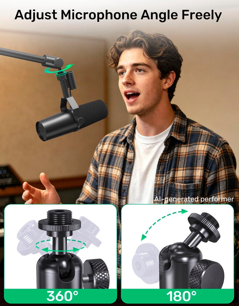 Ball and Socket Head Microphone Adapter with 360° Swivel Angle Adjustment | up to 2kg(4.4 lbs) / All-metal construction / Supports Shure SM7B and other heavy mics